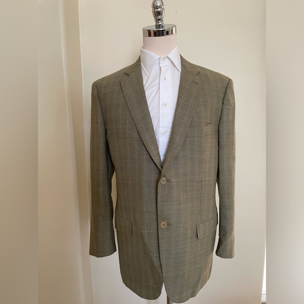 ISAIA Vintage 140’s Wool BASE S Subtle Check Jacket in Olive Tan Size 48 R $3295